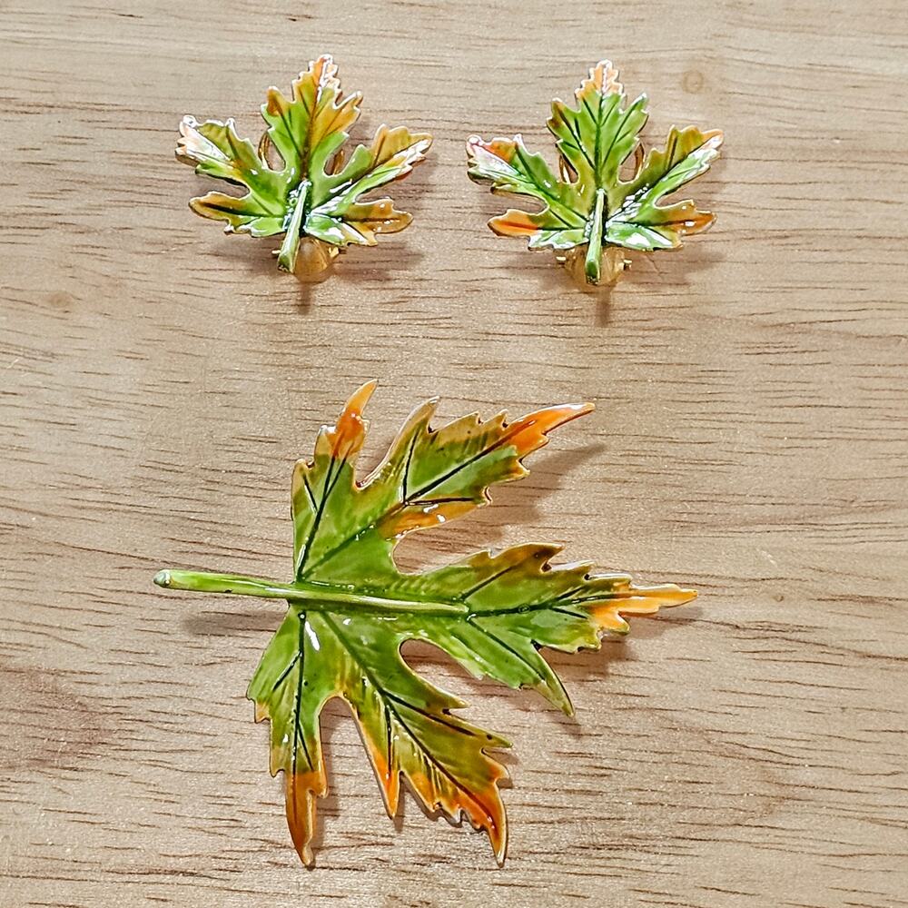 Vintage Enamel Green Maple Leaf Brooch with Matching Earrings